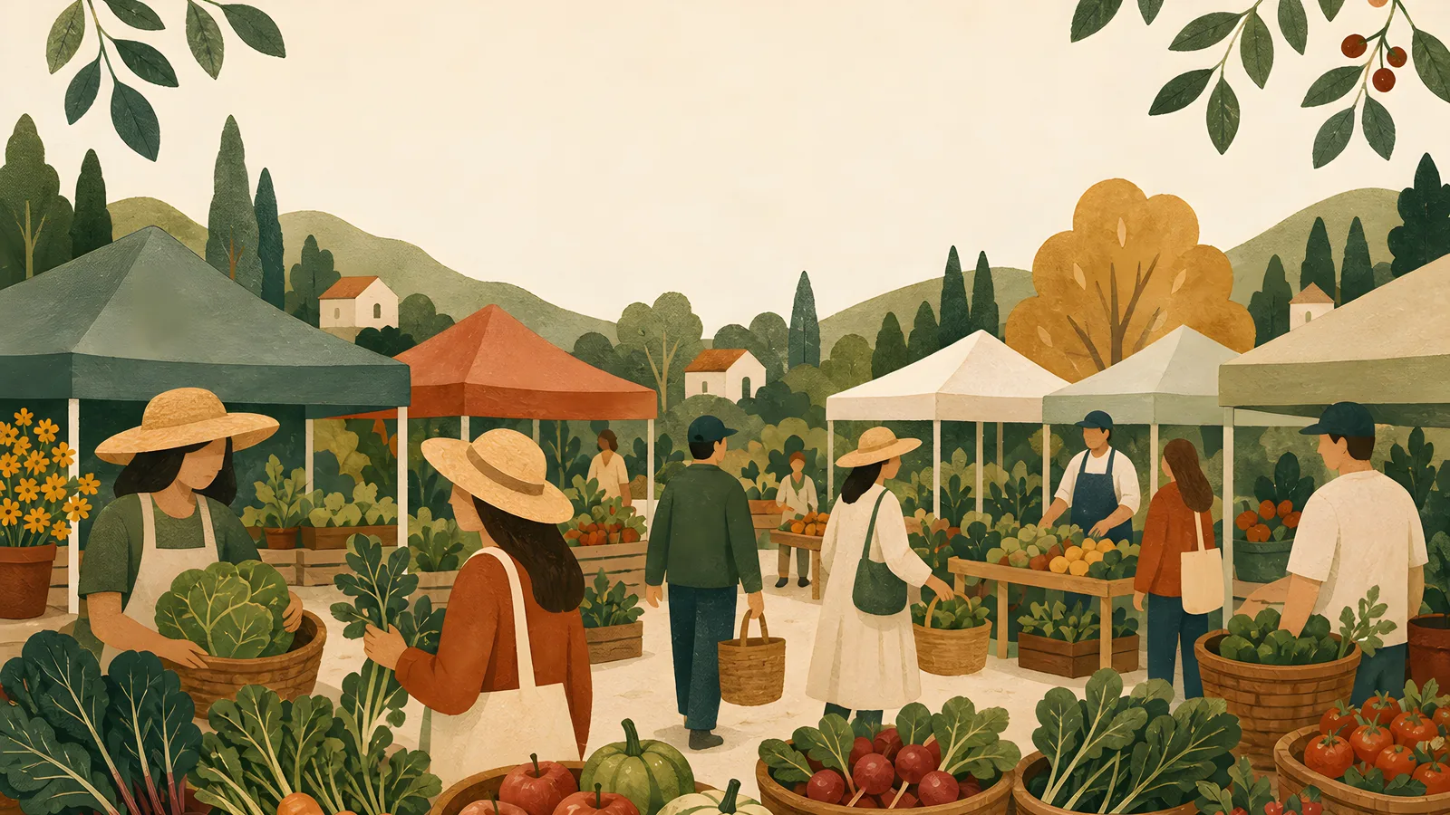 Illustration of a farmers market with striped vendor tents